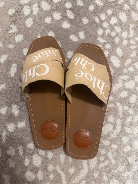 Chloe Shoes - Chloe Beige and Brown Logo Slide Sandals